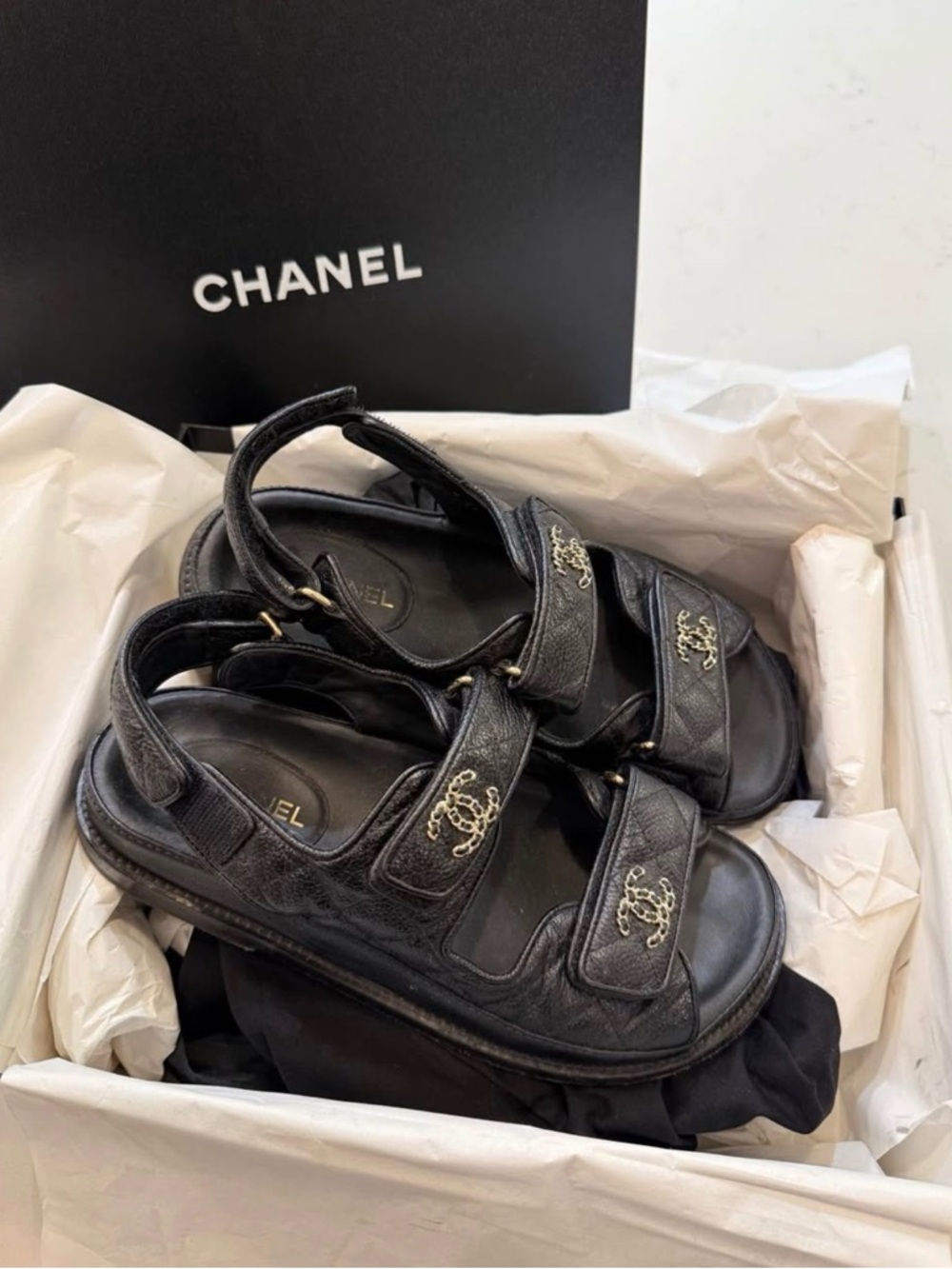 CHANEL Black Caviar Quilted Leather Logo Strap Sandals with Gold CC Hardware